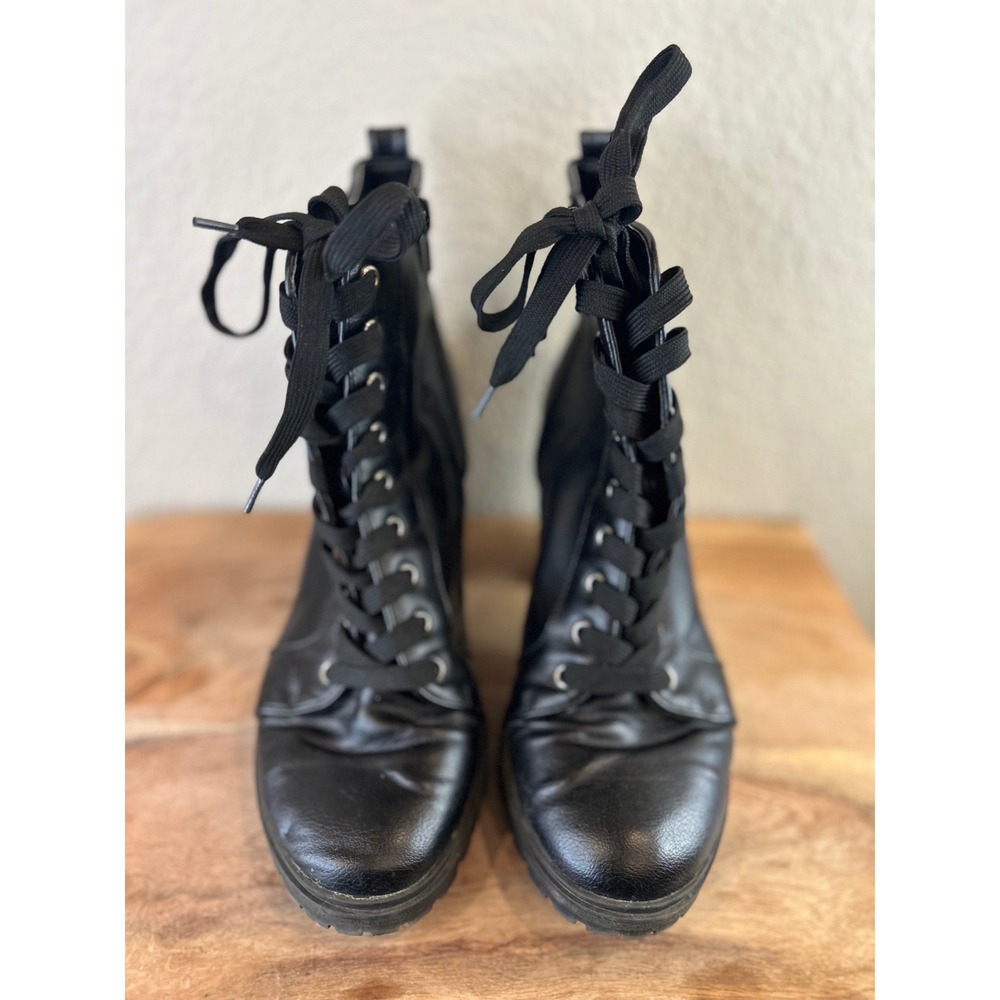 Brash Black Lace Up Block Heel Combat Boots‎ Lug Sole Womens 9 177838
